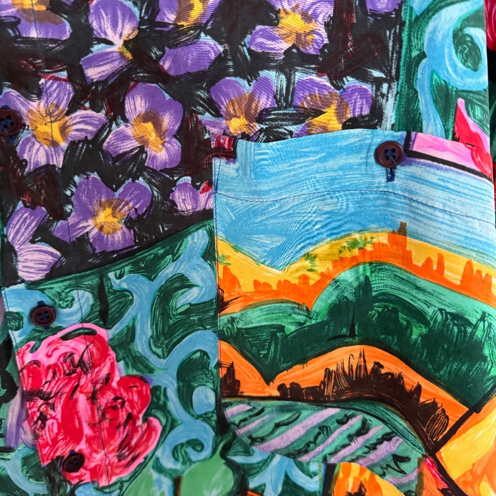 Vintage Silk Club Shirt Mens Large Colorful Floral Landscape Art AOP Button Up - Picture 6 of 11